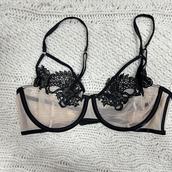 Victoria’s Secret Sheer Embroidered Balconette Bra Black Nude 34C Unlined Lace - Picture 1 of 5